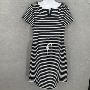 Talbots Striped Knit Dress Sz‎ S Navy Metalic White Nautical Pockets Pullover